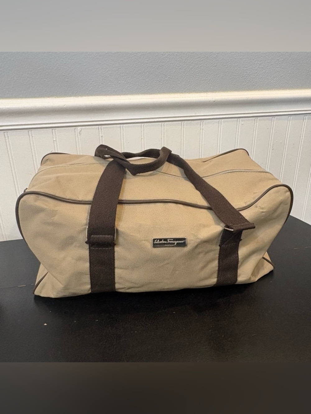 Salvatore Ferragamo Perfume Tan and Brown Duffel Bag Classic Design Vintage